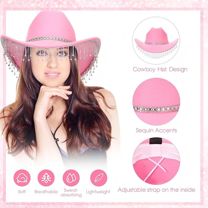 Hercicy 6 Pack Western Cowboy Hats with Rhinestone Tassel Bands Sequin Trim Sparkly Cowgirl Party Hats for Adults Women Men