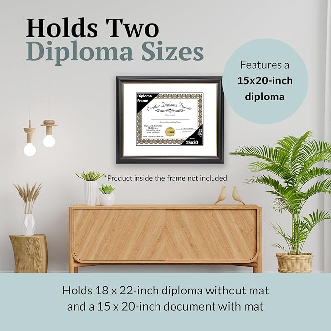 Creative Picture Frames 15" x 20" Rockefeller Black with Gold Rim Diploma Frame, Displays 15" x 20" Certificate or 18" x 22" Document without Mat, College Degree Frame, Full-Strength Glass, White Mat