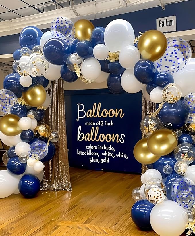 300 Pcs Navy Blue and Gold Confetti Balloons Set Lncludes 12 inch Gold White Navy Blue and Blue Gold Confetti Balloon for Birthday, and Celebration Graduation Party Decoration