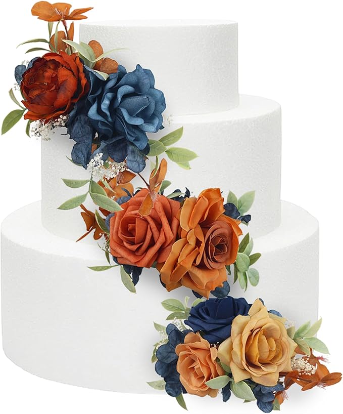 Rinlong 3Pcs Pre-made Artificial Cake Flowers Navy Blue Terracotta Cake Decorations Boho Fall Wedding Cake Decorating Flowers Decor Birthday Baptism Party Burnt Orange Cake Toppers