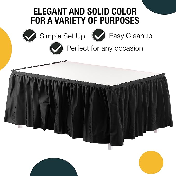 Exquisite Ruffle Table Skirt Black 48 Pack 14 Ft Long Table Skirts for Rectangle Tables 6ft Plus or Round Tables Skirts with Adhesive Strip for Gender Reveal Decor & Happy Birthday Parties