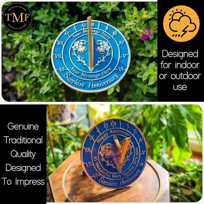 The Metal Foundry Personalized Sapphire 45th Large Sundial - Recycled Brass Home Decor Or Garden Present Idea Made in The UK for Parents, Grandparents, Friends, Couples 45 Yr Marriage