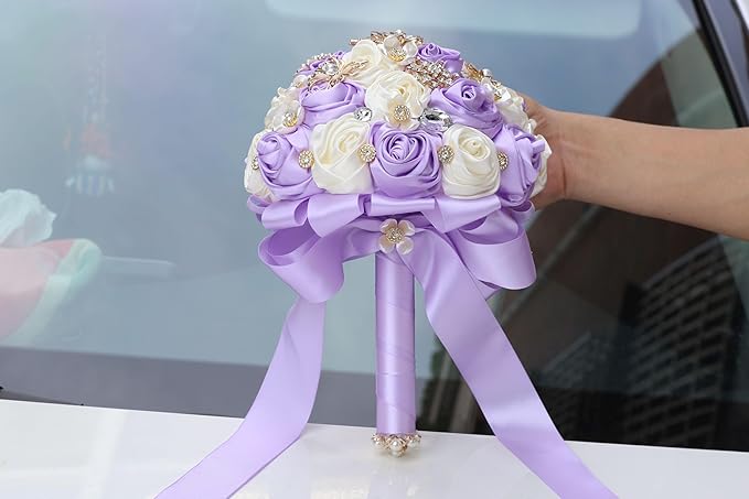 Handmade Wedding Bouquets for Bride Bridesmaid Brooch Bouquet Artificial Holding Flower Tossing Bouquet for Wedding Ceremony Anniversary(Light Purple/Ivory,16cm)