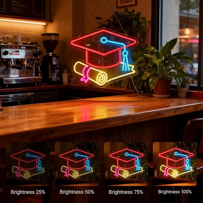 Congrats Grad Neon Sign with Cap & Diploma - 3-Color Red Yellow Ice Blue Graduation Decorations 2026, 10-Level Dimmable LED Wall Light, USB Powered Gift for Graduate, 14.5"x12.6"