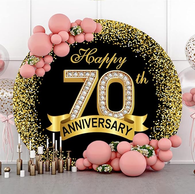 7.5x7.5ft Happy 70th Anniversary Round Backdrop Cover Black Gold Grandparents Happy 70 Years Circle Backdrop Background Luxurious Glitter Sequins Dots Diamond Ribbon Banquet Dinner Party Decor