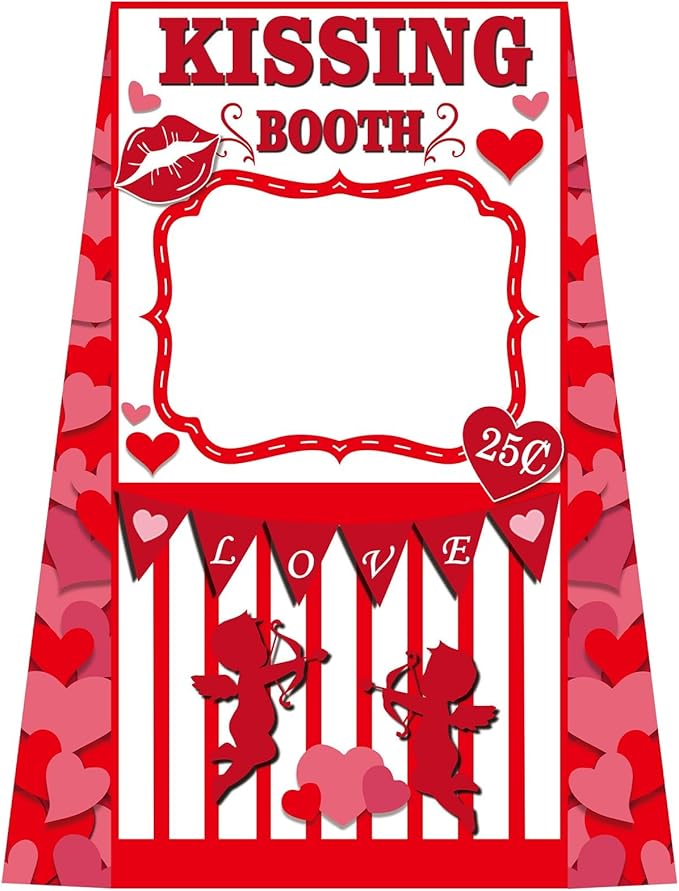 Valentine’s Day Photo Booth Prop, 48 x 63 inch Valentines Kissing Booth Cardboard Cutout Life-Size Standup, Love Photography Backdrop Decoration for Couple Anniversary Wedding Party Favor