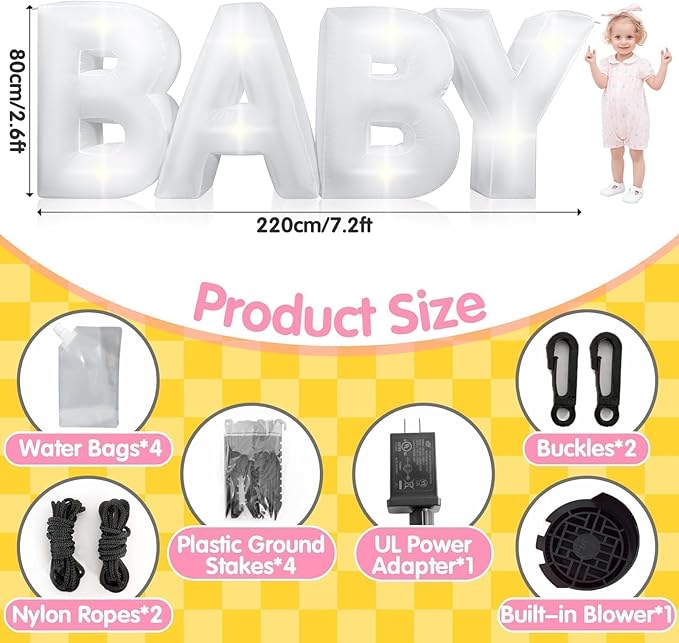 7.2FT Baby Shower Decorations Inflatable Baby Light Up Marquee Letters Decor for Girl Boy Large Baby Letter for Baby Shower Gender Reveal Party Birthday Decorations