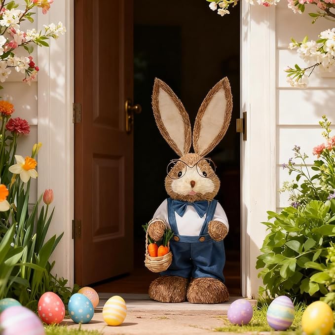 Juegoal Easter Straw Bunny Decorations, 32"(2.6FT) Extra Large Standing Mr. Bunny Figurine, Handmade Easter Rabbit Statues, Cute Photo Props Gifts for Office Kitchen Farmhouse Spring Home