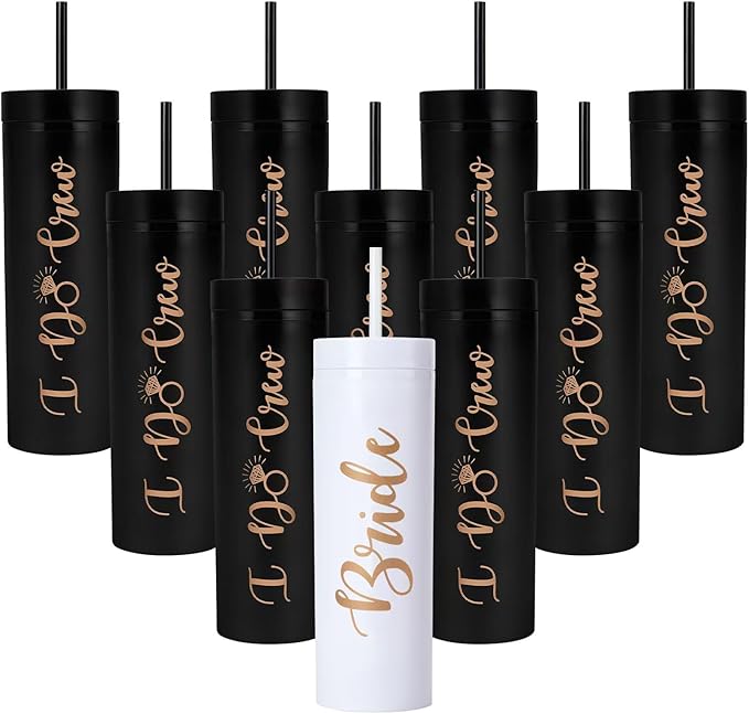 10 Pack Bride to Be Skinny Tumbler | 16 oz Bride & I Do Crew Tumblers | Bachelorette Party Cups | Engagement Wedding Gifts Bridesmaids Mugs Bachelorette Party Supplies & Games(Black)