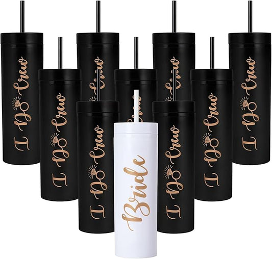 10 Pack Bride to Be Skinny Tumbler | 16 oz Bride & I Do Crew Tumblers | Bachelorette Party Cups | Engagement Wedding Gifts Bridesmaids Mugs Bachelorette Party Supplies & Games(Black)