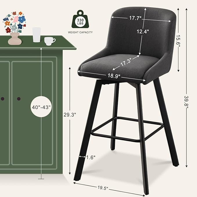 Swivel Counter Height Bar Stools Set of 2, 29''H Upholstered Barstools with Backs, Modern Bar Stool Chairs for Kitchen Island, Metal Legs, Fabric, Black Grey Stools Counter Chair