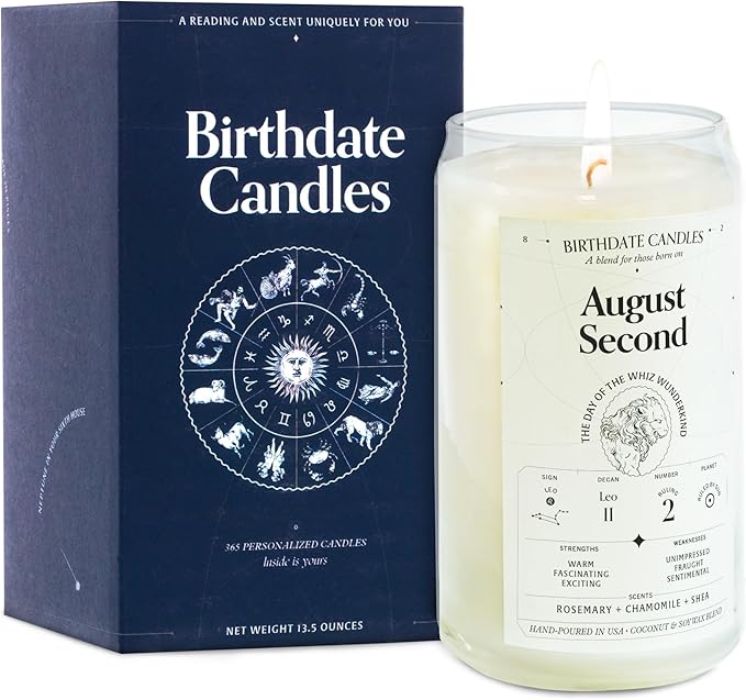 Birthdate Candles, August 2 - Leo Zodiac Scented Candles Birthday Gift - Rosemary, Chamomile & Shea Scent - All-Natural Soy & Coconut Wax, 60-80 Hour Burn Time - Made in USA