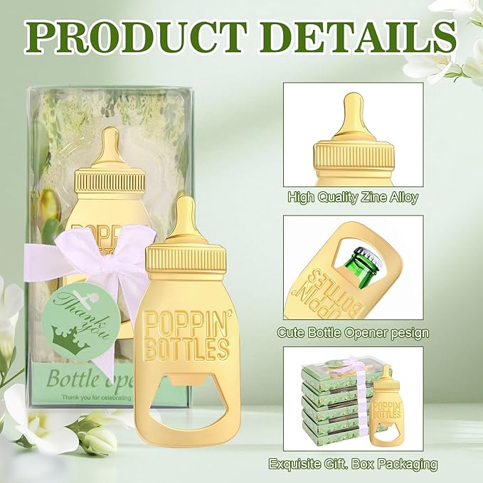 50Pcs Poppin Bottles Bottle Opener Poppin Bottles Baby Shower Favor Gold Baby Shower Bottle Openers Baby Bottle Openers Shower Favors for Guests Gender Reveal Party Wedding Decorations with Green Box