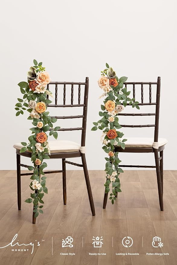 Ling's moment 10pcs Wedding Chair Decorations Aisle Floral Swag Artificial Pew Flowers Hanging Garland Apricot & Cream for Ceremony Reception Church Rose Floral Faux Arrangement Party Outdoor Decor
