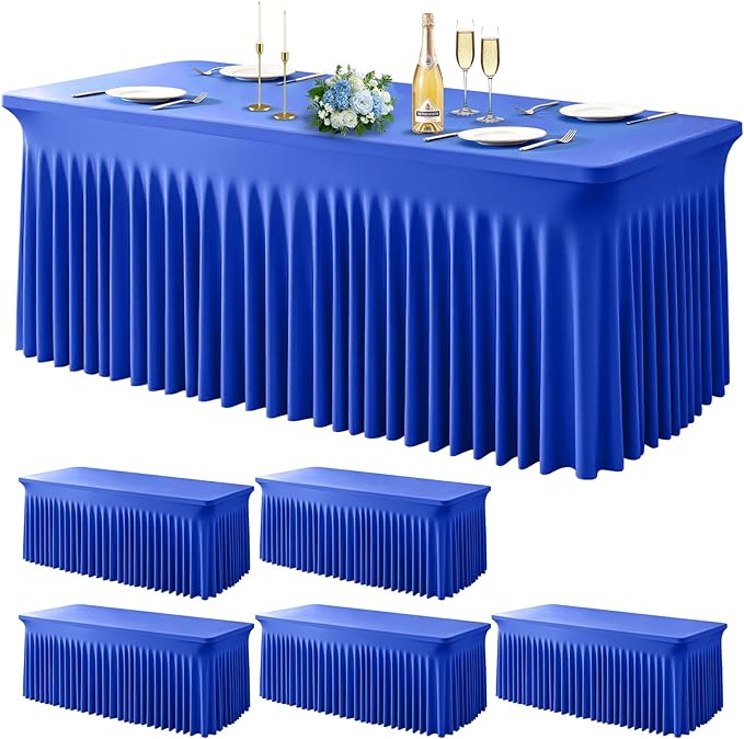 Wish Care 6 Pack Royal Blue Spandex Table Clothes for 8 Foot Rectangle Tables, 8FT Wrinkle Free Fitted Tablecloths Ruffles Design Table Cloth for Party, Banquet, Wedding and Events