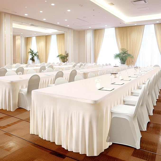1 Pack Ivory Table Clothes for 8 Foot Rectangle Tables, One-Piece Wrinkle Resistant Stretch Spandex Table Covers with Skirt for Event Banquet Wedding Birthday Party