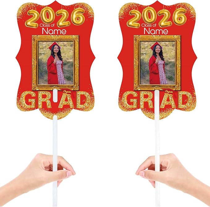 Personalized Graduation Double Sided Face Fan Class of 2026 Customized Graduation Head Face Cutout with Handle Fun Photo Prop Supplies(A-Red and Gold,24pcs)