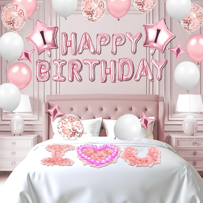 Pink Happy Birthday Balloons Decorations Pink White Birthday Balloon Letters Banner with 6 Pcs Star Balloons Artificial Rose Petal 24 Flameless LED Candles for Room Hotel Party Decorations Supplies