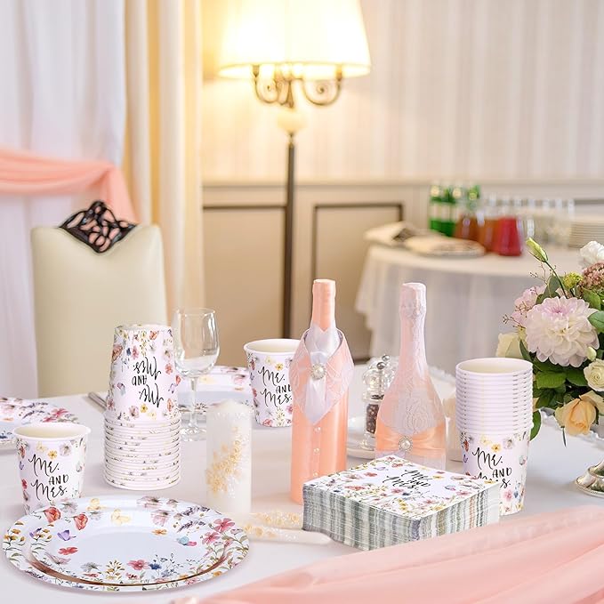 Zhehao 250 Pcs Mr. and Mrs. Bridal Shower Plates Napkins Sets 50 Pcs 9'' Dinner Plates and 7'' Dessert Plate and 9oz Cups 100 Napkins Serves 50 Party Supplies Bridal Shower Engagement Decoration