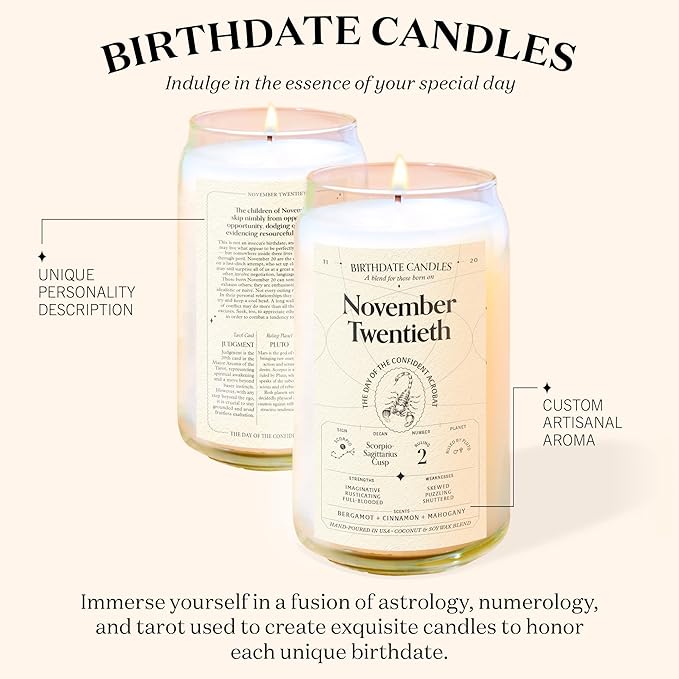 Birthdate Candles, November 20 - Scorpio Zodiac Scented Candles Birthday Gift - Bergamot, Cinnamon & Mahogany Scent - All-Natural Soy & Coconut Wax, 60-80 Hour Burn Time - Made in USA