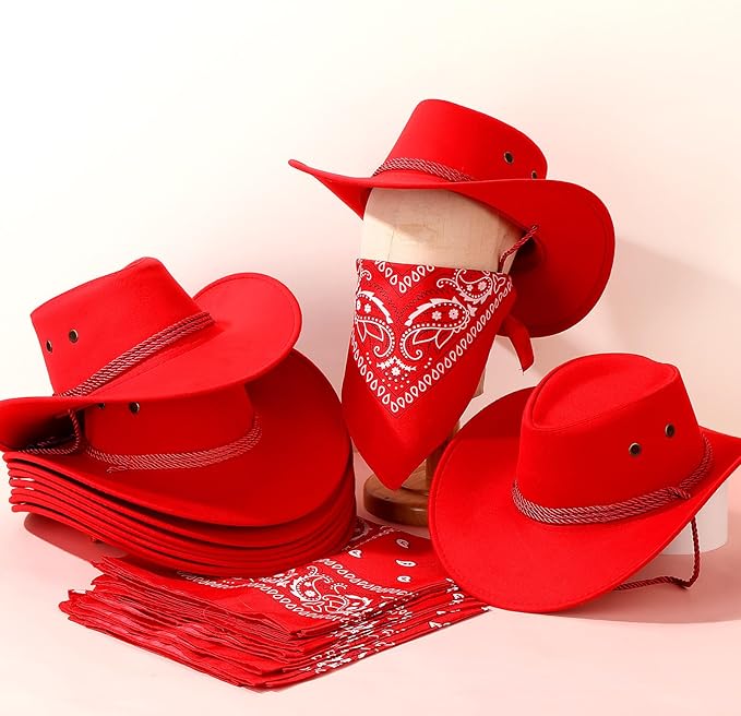 Coume 10 Set Cowboy Hat and Bandana for Women Men 10 Felt Cowgirl Cowboy Hat Bulk 10 Western Bandanas for Adult Costume Party
