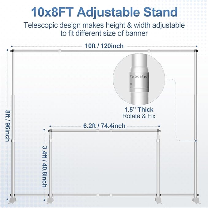 10 x 8FT Backdrop Banner Stand, Heavy Duty Adjustable Photo Background Support Frame Kit, Step and Repeat Stand for Photo Booth, Parties, Exhibition, Trade Show, Wedding - Silver