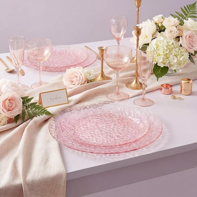 Rubtlamp 60PCS Pink Plastic Plates, Disposable Pink Plates with Hammered Design, Heavy Duty Plastic Platos Fancy Party Platos Include 30 Dessert Plate & 30 Dinner Plate for Bridal Wedding
