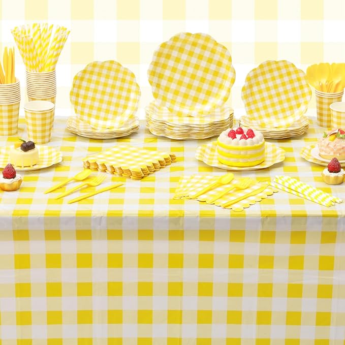 452 Pcs Yellow Gingham Party Supplies for 50, Yellow and White Gingham Checkered Paper Plates Napkins Cups Tablecloth Cutlery Straws for Birthday Family Picnic Barbecue Party Decoration