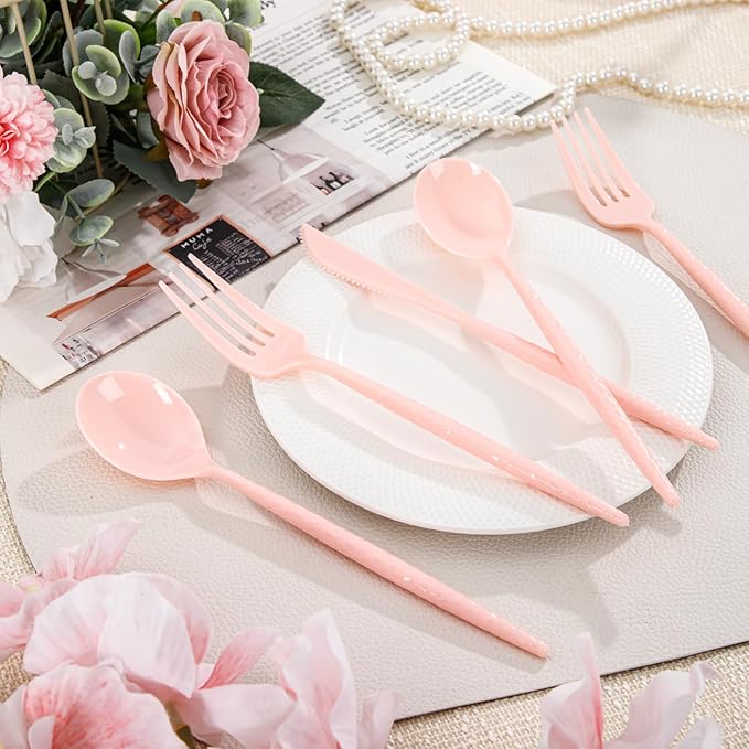 Supernal 360Pcs Pink Plastic Silverware,Heavy Duty Disposable Silverware,Hammered Disposable Cutlery,Pink Utensils Set Include 120 Knives,120 Forks and 120 Spoons Suitable for Wedding,Party&Birthday