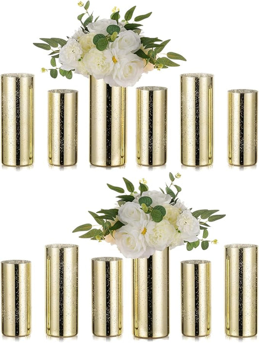 Glass Cylinder Vases Set of 12, Hewory Glittery Gold Vase for Centerpieces, Glass Hurricane Candle Holders for Pillar Floating Candle, Tall Round Vase for Wedding Anniversary Events Home Table Decor