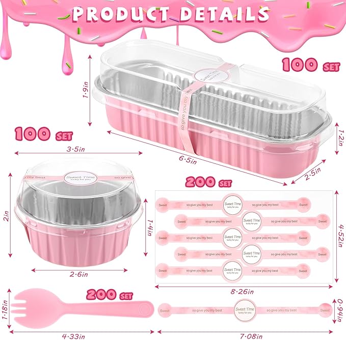 Suclain 600 Pcs Valentine's Day Pink Mini Loaf Pans with Lids and Spoons Sealing Stickers 6.8oz Disposable Aluminum Foil Muffin Baking Pans 5oz Cupcake Cups Cake Containers for Valentines Party