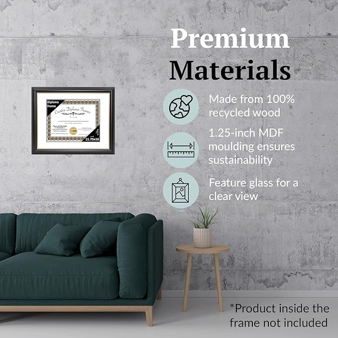 Creative Picture Frames 11.75" x 16" Rockefeller Black w/Gold Rim Diploma Frame, Displays 11.75" x 16" Certificate or 16" x 20" Document w/o Mat, College Degree Frame, Full-Strength Glass, White Mat