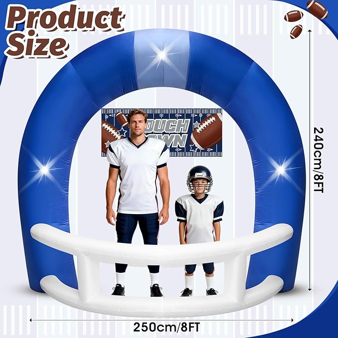 8FT Blue and White Football Helmet Inflatable Arch with Game Day Banner, Giant Outdoor Blow Up Football Helmet with Built-in 3 LED Lights for Football Themed Birthday Party Lawn Yard Decoration