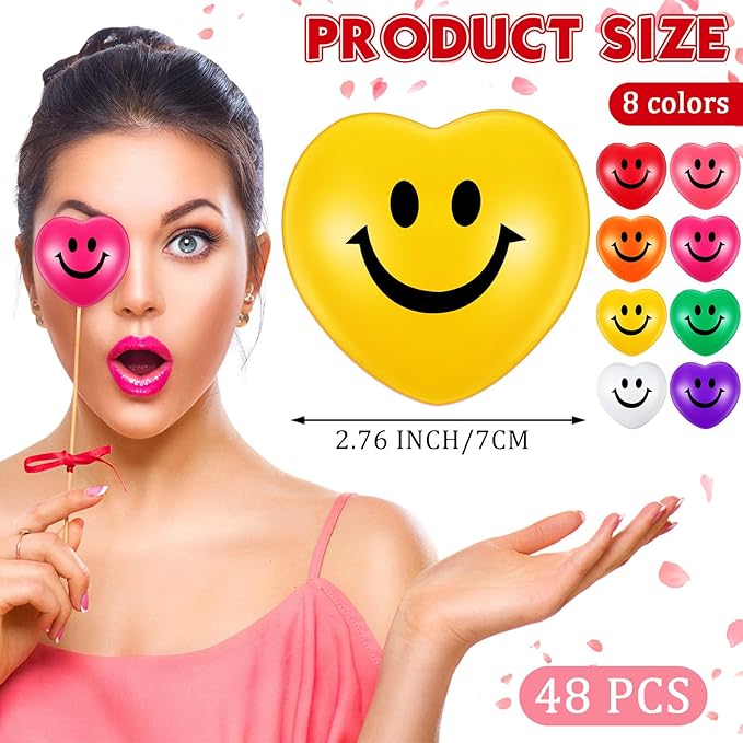 Zubebe 48 Pcs 2.76'' Valentine's Day Heart Stress Balls Heart Shaped Smile Face Ball Stress Relief Balls Valentines Day Gifts for Staff Kids Adults Party Favors School Reward(Multicolor)