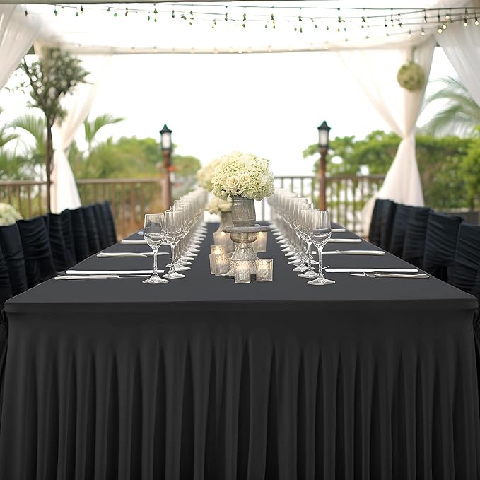 2 Packs Black Table Clothes for 8 Foot Rectangle Tables, Wrinkle Resistant Stretch Spandex Table Covers Fitted Tablecloth with Skirt for Event Banquet Wedding Birthday Party