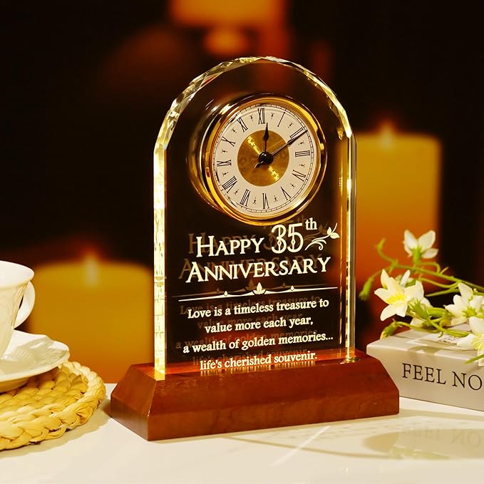 YWHL 35th Wedding Anniversary Clock Gifts for Couple, 35 Years for Wife Husband, Table Clock Glass Presents with Wooden Light Base for HomeDecoration (Battery not Included)