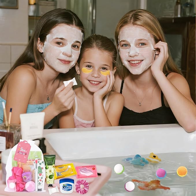 88PCS Spa Party Supplies for Girls, Spa Party Favors Include Face Masks, Under Eye Patches, Lip Masks, Lip Balm, Hand Cream, Foot Bath Bombs, Compressed Towels, Bulk Spa Sleepover Slumber Party Kit