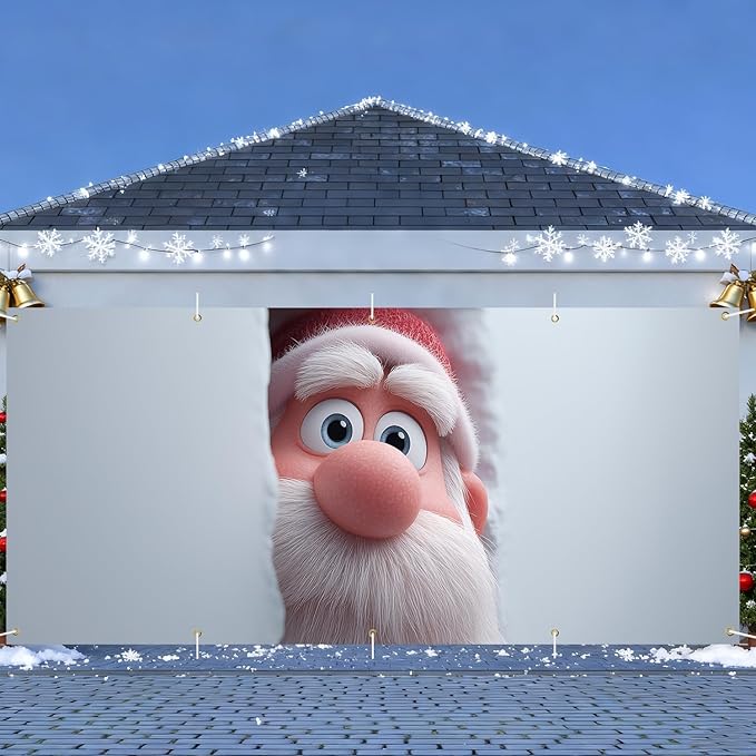 Christmas Garage Door Banner 7x16FT, Santa Claus Peeking Through Wall, Large Outdoor Xmas Garage Door Cover, Decoration for Driveways, Holiday Parties and Winter Wonderland