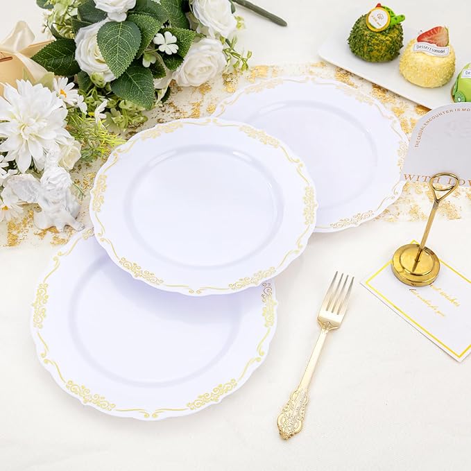 DaYammi 60PCS White and Gold Plastic Plates, Gold Rim Plates Disposable Heavy Duty Disposable Plate Premium 10inch White Dinner Plate Hard Plastic Platos for Party Wedding Bridal Shower
