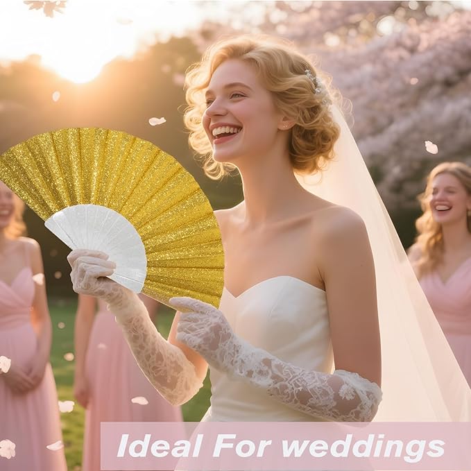 48 Pack Handheld Fan,Folding Hand Glitter fan with Shining Transparent Fan Rib – Ideal for Wedding, Church, Festival, Dance, Tea Party, Club, and EDM Accessories, Yellow