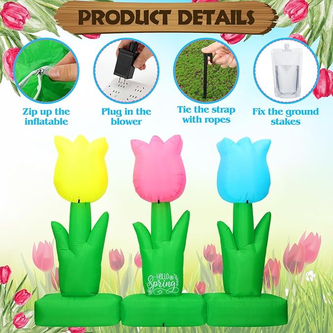 VIHOSE 6 ft Spring Inflatable Flower Decoration LED Blow up Yard Decor Large Inflatable Tulip Flower Outdoor Decoration for Spring Holiday Outside Lawn Party Supplies