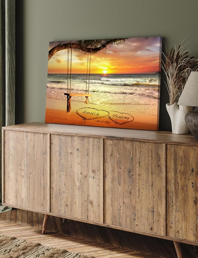IPIC - "Eternal Love Personalized Canvas Wall Art, Custom Beach Sunset Scene with Names and Date in Sand, A Personalized Gift for Couple, Wedding, or Anniversary, Coastal Home Decor