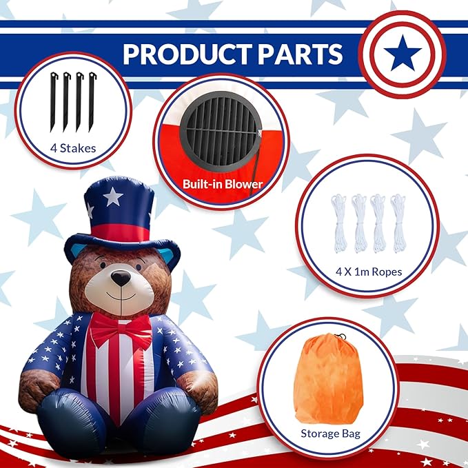 5.6FT 4th of July Inflatables Bear with Bow LED Inflatable Outdoor Holiday Yard Decorations Blow Up Decor for Patriotic Decorations Advertising Business Promotion