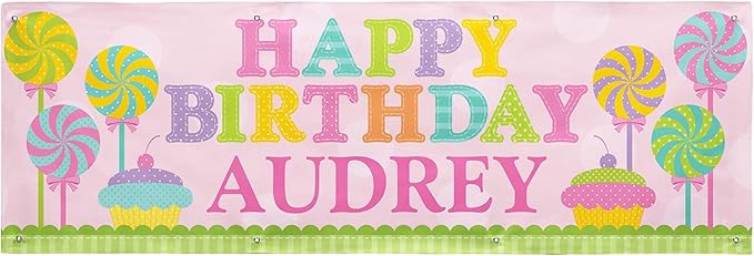 Let's Make Memories Personalized Pink Happy Birthday Banner for Kids - Custom Birthday Party Decorations - Indoor/Outdoor Vinyl - Any Name - Sweets Design - 8ft