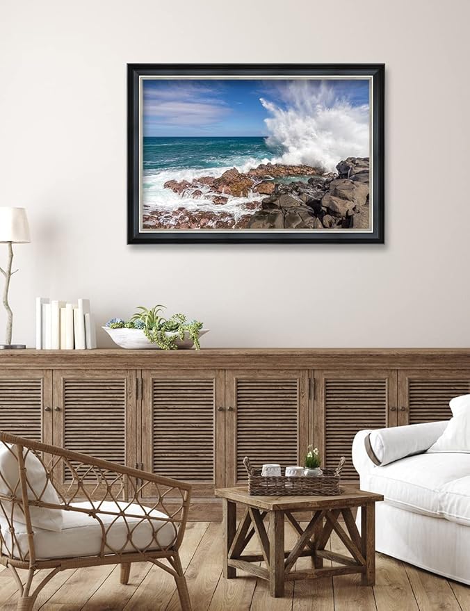 IPIC - Waves Crashing at Queen's Bath, Personalized Ideal Gift Custom Framed Wall Art with Names and Date, Giclee Prints with Solid Wood Frame, Memorable Present. Wall Art for Home Decor.