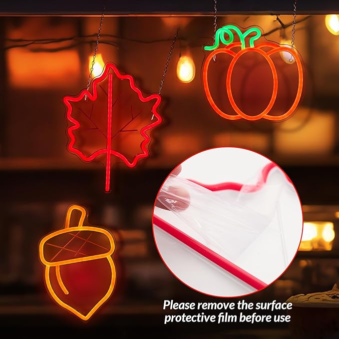 Hanna Roberts 3 PcsThanksgiving Neon Sign, Pumpkin Maple Leaf Acorn Neon LED Lights, USB Powered window lights for Halloween Thanksgiving Party, 3D Wall Art Signs for Home Bedroom Living Room