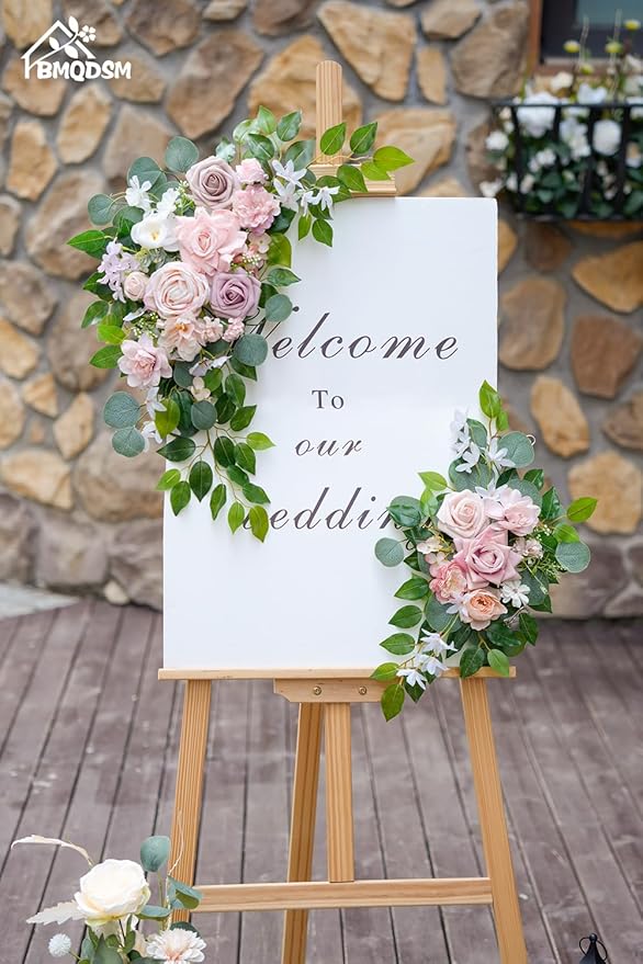 Faux Flowers Wedding Welcome Signs Floral(Pack of 2)，Wedding Arch Flowers Swag for Decorations and Reception Backdrop Decoration (Pink)