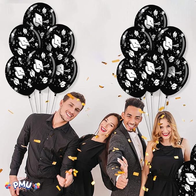 PMU 100 Pcs Black Graduation Balloons Class of 2025 with All-Over Print White Grad Caps-Confetti and Streamers | Graduation Party Supplies | Congratulations Grad Latex Balloons Latex