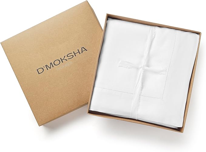 D'Moksha Homes White Linen Tablecloth for Rectangle Tables 60 x 102 Inch - Classic Hemstitch 100% Pure Linen White Table Cloth - Machine Washable Dining Tablecloth for Valentines, Spring, Easter
