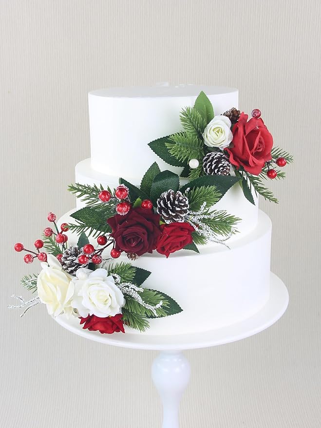 Rinlong 3Pcs Pre-made Cake Topper Cake Decorating Flowers for Christmas Cake Decor Burgundy Xmas Cake Decorations for Wedding Baptism